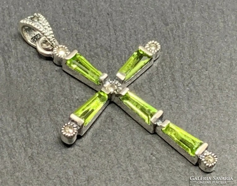 Genuine Natural Peridot Gemstone Cross Pendant, 925 Marked
