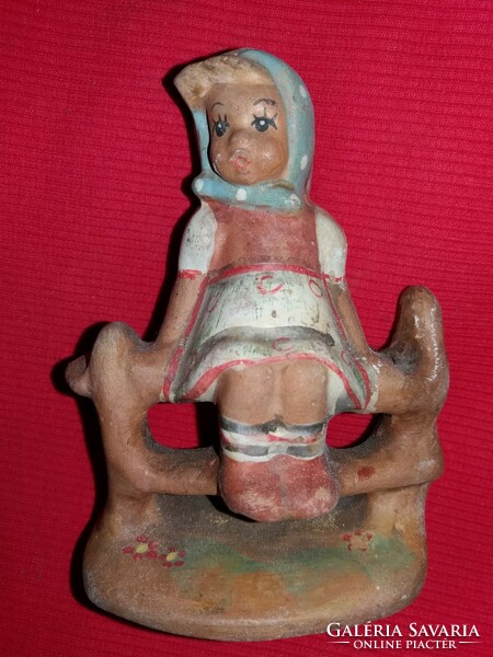 Antique Hungarian ceramic figurine after Hummel porcelain copy of a girl sitting on a fence 11 x 8 cm