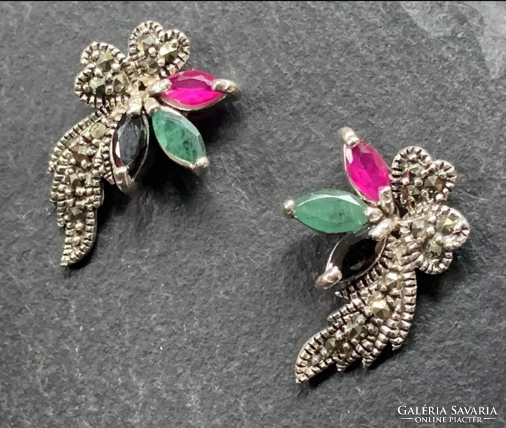 Rubin, smaragd, zafír, markazit drágaköves ezüst fülbevaló/925/ --új