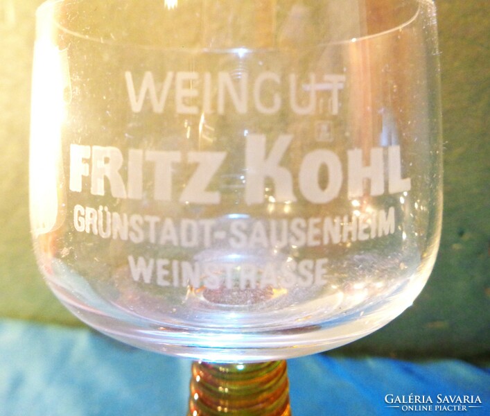 4 pcs, yellow twisted stem wine glass with advertising inscription /about 1 dl/