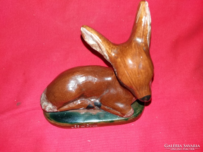 Old Hungarian ceramic reclining deer figure with souvenir shop matra inscription 14 x 16 cm according to pictures
