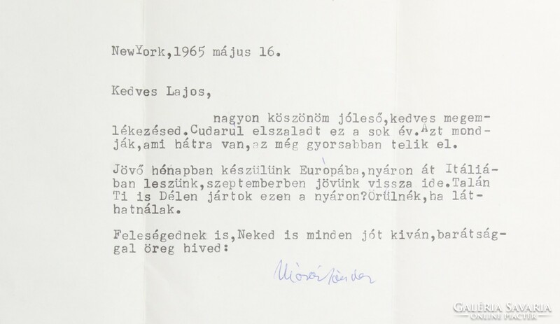 Manuscript - Sándor Marai's letter to his friend from New York in good condition!!