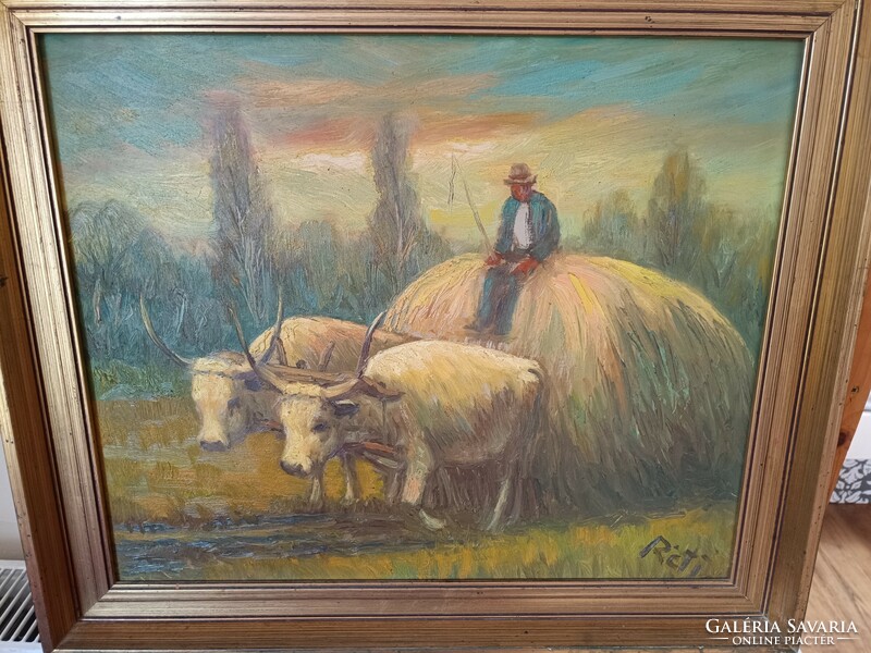 Reti ... Oil painting of an ox cart with a gold frame