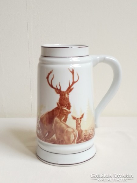 Liter old GDR marked porcelain beer mug Krigli hunting pattern deer deer flawless 19.5 cm 1 l