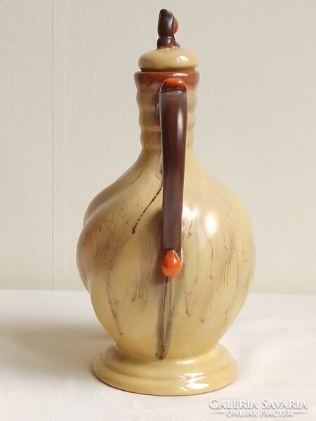 Antique Old Art Deco Drip Glazed Twisted Ribbed Ceramic Drink Bottle Spout Pitcher Jug
