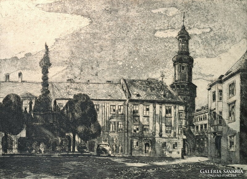 Blahos Rudolf: Sopron (rézkarc) városkép, utcakép a Tűztoronnyal