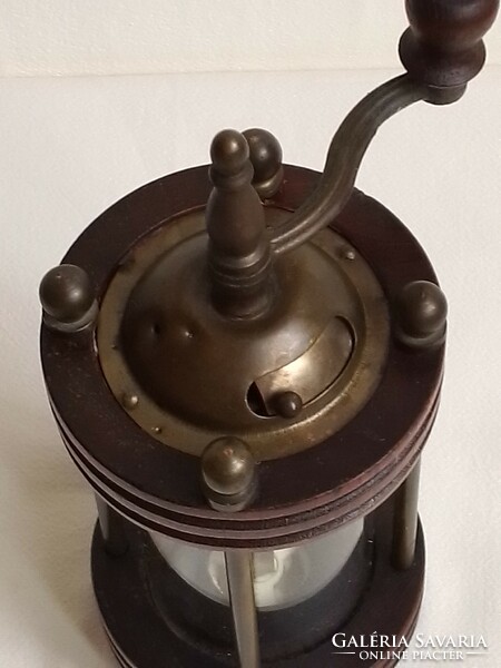 Antique old wooden glass brass rolling pepper grinder, flawless, with porcelain grinding head, works