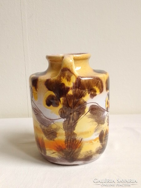 Régi art deco jellegű mázas kerámia váza, füles edény, formaszámmal jelzett 15 cm