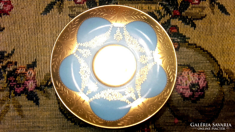 ANTIK  KÉZIFESTETT türkiz és arany csodaszép PORCELÁN  CSÉSZE és ALJA - Art&Decoration