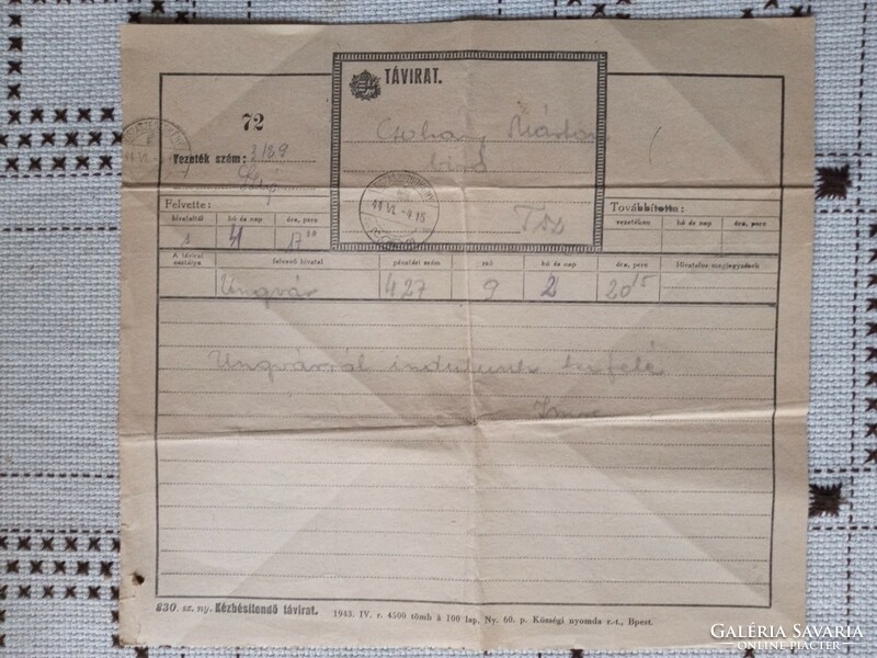 Telegram - withdrawal from Hungary 1944.