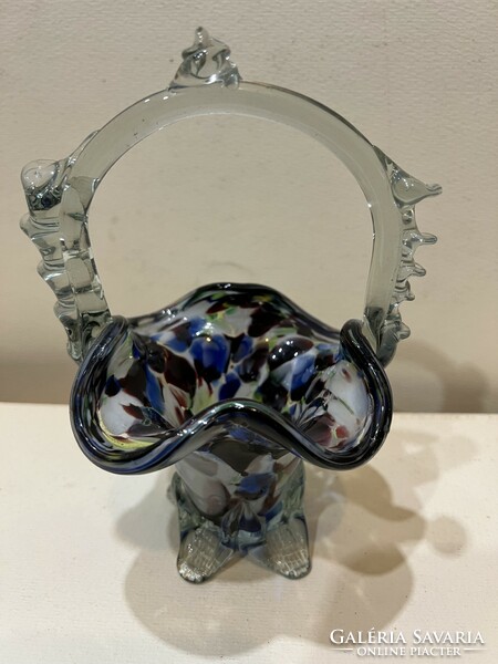 Art deco öntött üveg gyűrűtartó kosár, cseh, 18 x 15 cm-es. 4525
