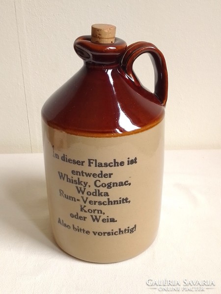 Old solid heavy English stoneware glazed drinking jug chesterfield marked with German inscription
