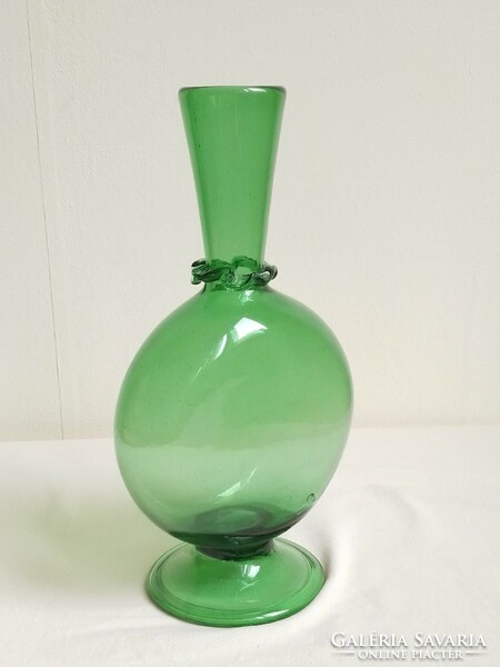Antique old green blown huta glass base vase pouring bottle special shape 24 cm