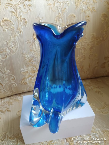 Asymmetric blue glass decorative vase, flawless, 24 cm