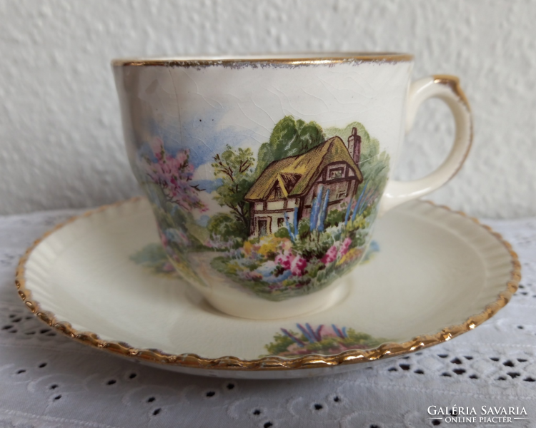 Collectable English countryside scenic earthenware cup + base (Staffordshire)
