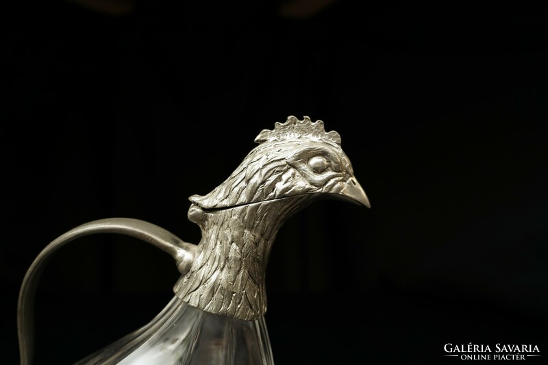 Mid century handmade Italian 95% pewter and glass pourer / retro jug / old jug / hen bird