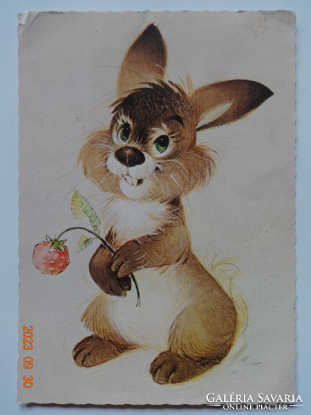 Old postcard with fairy tale characters: little bunny from vuk. Based on a cartoon (Pannonia film studio)