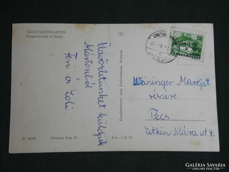Képeslap,Postcard, Szigetszentmárton, Horgásztanyák a Dunán részlet,1964