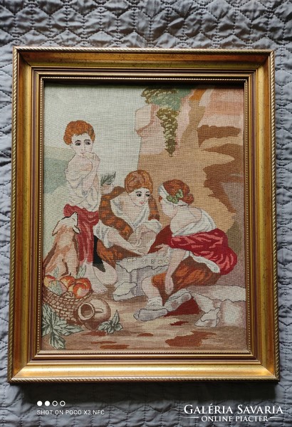 Antique approx. 100-year-old needle tapestry in a sumptuous frame in perfect condition