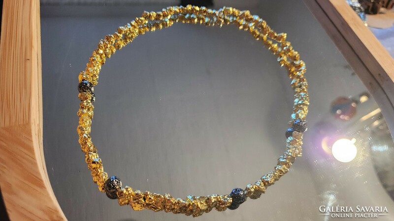 375/9K Real Gold, Mexican Lava and Brazilian Pyrite Gemstone Collie, New Handmade Jewelry
