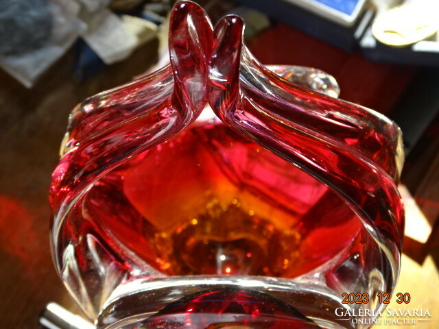 Pink - amber thick glass small basket design serving bowl with handle (j. Beránek ? )