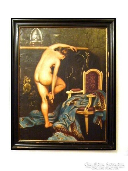 Hatalmas olaj festmény, Fürdés után, óriás akt kép, törölköző hölgy...