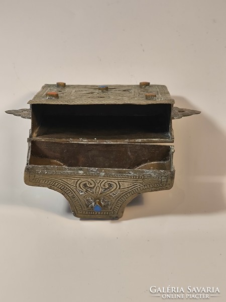 Antique brass holder, box decorated with turquoise and coral stones