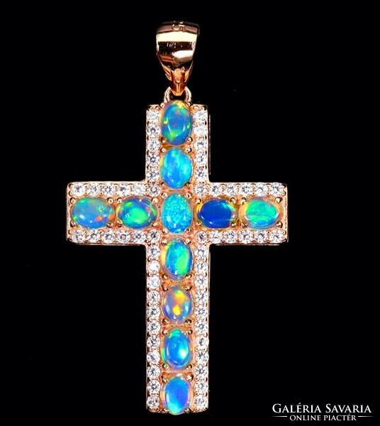 Silver cross pendant with genuine Ethiopian noble opal!! Rosegold plated!!