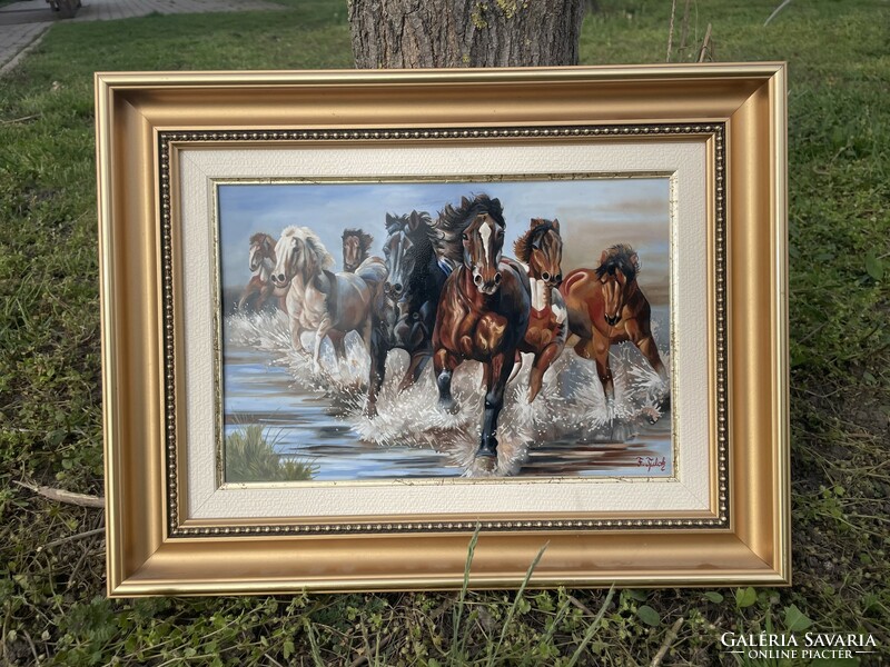 Painting by Tulok Ferenc. Horse, rider, stud, gallop