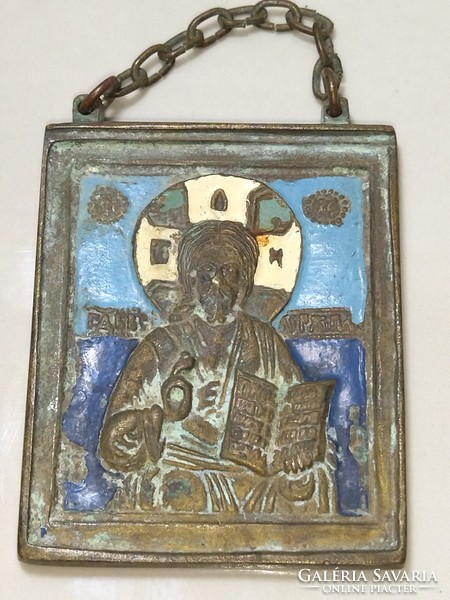 Beautiful antique very old miniature icon with copper fire enamel