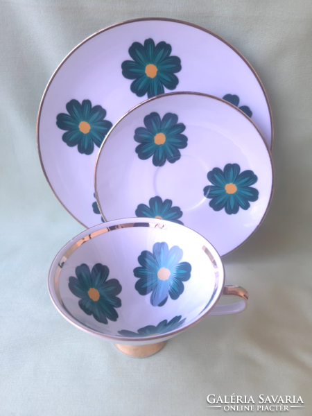 Német porcelán, Bavaria zöld virágos, tányér, csésze, reggeliző készlet ( 3 db)