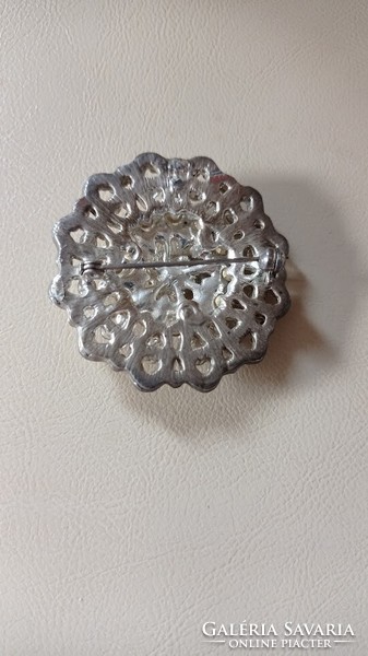 Old large, silver colored strass stone brooch, antique pin