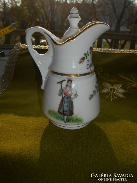 Rare hand-painted jug with original lid - coffeehouse thick, heavy porcelain.
