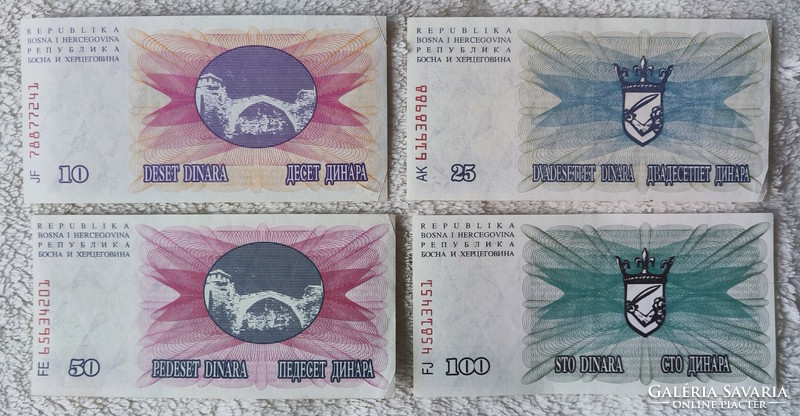Bosznia, felülbélyegzett dinár sor, Szarajevó ostroma, 1993 (EF-) | 4 db bankjegy
