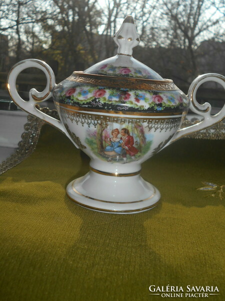 Antique scenic porcelain mustard dispenser with lid