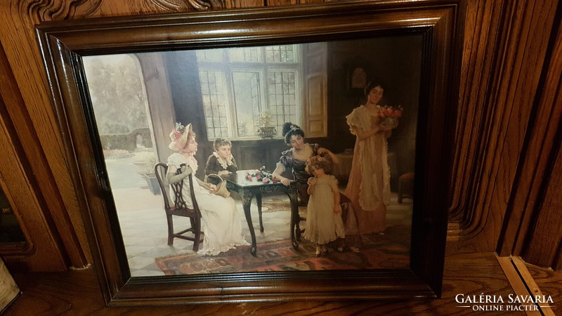 XIX. századi jelenet, asztaltársaság, festmény reprodukció , massziv uj  fa keretben