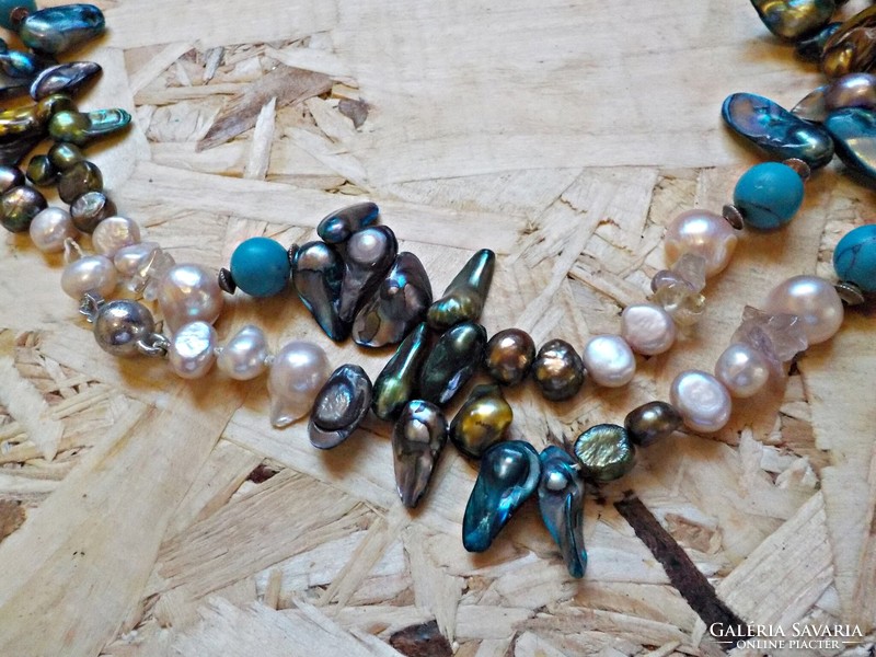Extra-long necklace made with colorful real pearls, turquoise and rock crystal