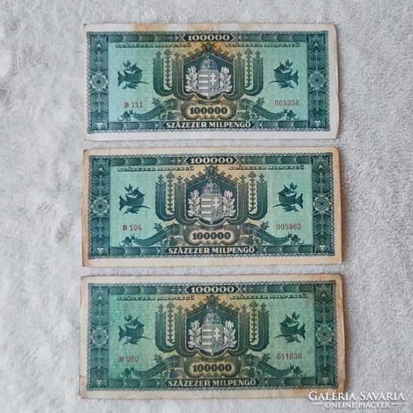 3 Pieces of 100,000 milpengő, 1946 (vf-f)