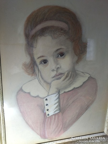Gyönyörű régi ceruzával rajzolt kislány 70X56 cm  szignózott 1966