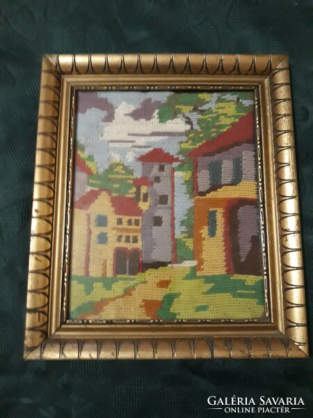 Old, tapestry street scene, in a nice frame. 30X25cm