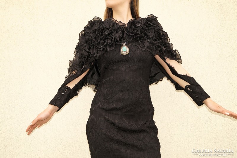 Fekete elasztikus csipke ruha, alkalmi estélyi csipke ruha, új fekete báli csipke női ruha, 38-as