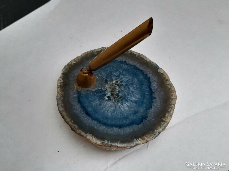 A fabulous agate mineral slice with copper overlay pen holder