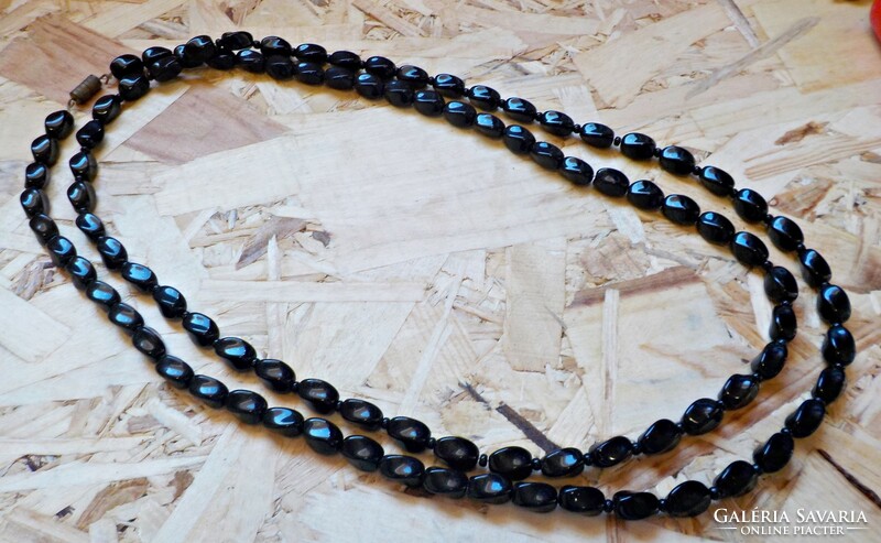 Old extra long black glass bead necklace