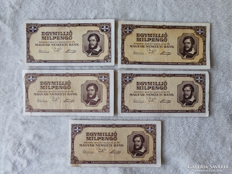 5 pieces of 1 million milpengő, 1946 (vf-g)