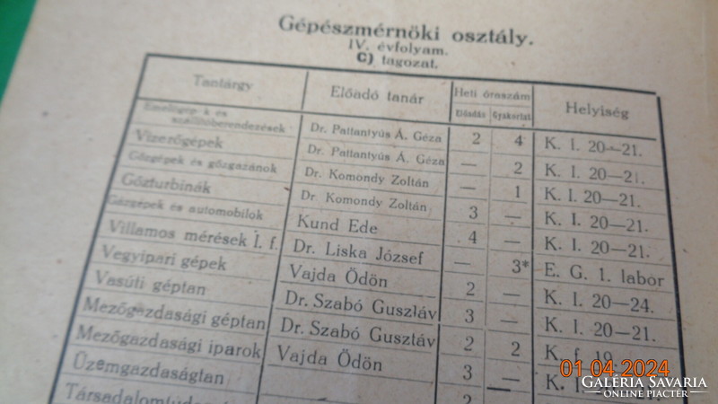 József Nádor Műszaki Egyetem ,  órarend  1948 - 1949 évi