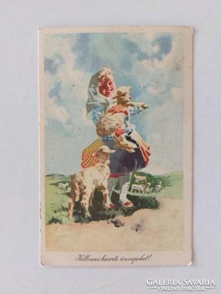 Old Easter postcard little girl lambs 1957