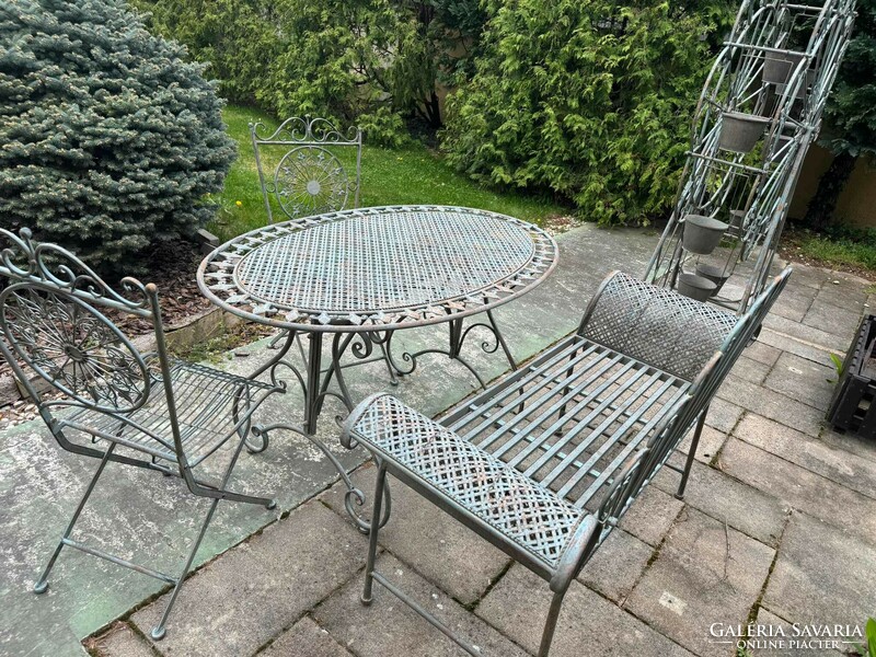 Wrought iron garden oval table with chair and bench