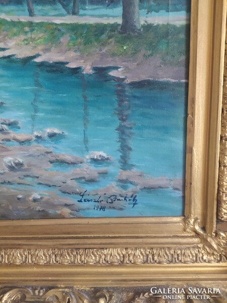 Mihály László: farm with a stream oil canvas painting in a beautiful frame flawless 60 x 80 cm/ 90 x 110 cm