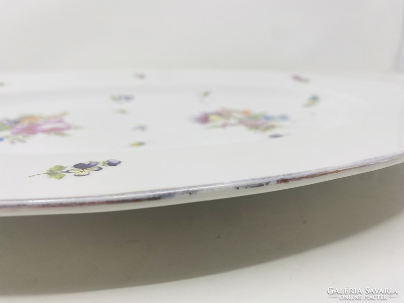 Antik Óherendi nagyméretű pecsenyés tál, kínáló tányér, virágcsokor és pillangó minátval  RZ