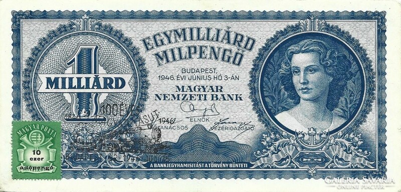 Egymilliárd milpengő 10 ezer adópengős bélyeggel és "100 éves a Magyar vasút" felülbélyegzéssel.